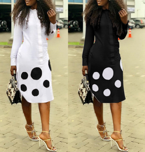 Dot Print Long Sleeve Midi Blouse Dress