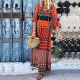 Print V-Neck Half Sleeve Loose Long Dress