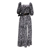 Zebra Print Slit Long Dress with Belt