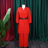 Full Seeve Loose Long Top with Belt and Wide Leg Pants 2PCS Set