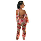 Leaf Print Pink Halter Off Shoulder Straight Pants 2PCS Set