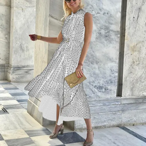 Sleeveless Belted Print Long Dress