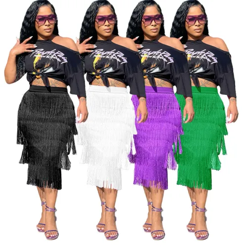 Print Short Sleeved Top and Fringed Skirt 2PCS Set