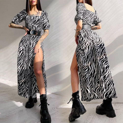 Zebra Print Slit Long Dress with Belt