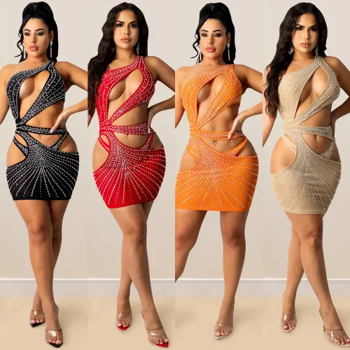 Rhinestone Mesh One Shoulder Hollow Out Mini Dress