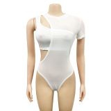 See Through Mesh Hollow Out Short Bodysuit & Contrast Shorts 2PCS Set