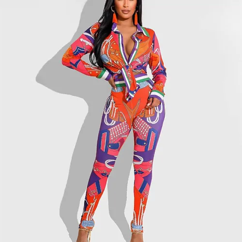 Print Button Open Long Sleeves Blouse and Pant 2PCS Set