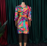 Colorful Print V-neck Elegant Tassel Bodycon Dress with Belt