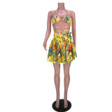 Floral Print Halter Wrap Around Bra Top and Pleated Skirt 2PCS Set