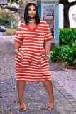Striped Print V-Neck Short Sleeve Dress with Pockets