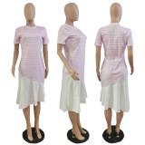 Stripe Print Short Sleeve O-Neck Long Dress