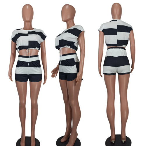 Striped Print Drawstring Short Sleeve Crop Top & Shorts Casual 2PCS Set