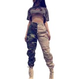 Arm Green Contrast Patchwork Camo Cargo Pants with Pocket