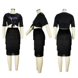 Print Short Sleeved Top and Fringed Skirt 2PCS Set