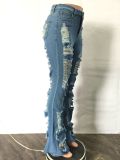Blue High Waist Ripped Flare Jeans