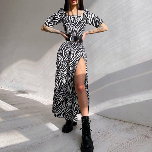 Zebra Print Slit Long Dress with Belt