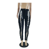 Trendy Black Contrast Lace Up Trousers