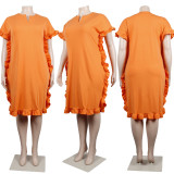 Plus Size Short Sleeves Ruffled Loose Midi Dress