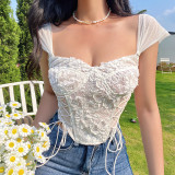 Floral Lace See Through Slim Fit Lace Up Top