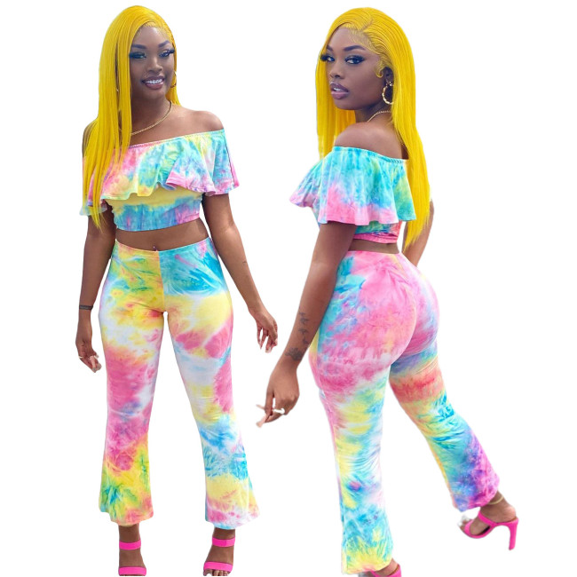 Ruffle Tie Dye Crop Top and Flared Pants 2PCS Outfits