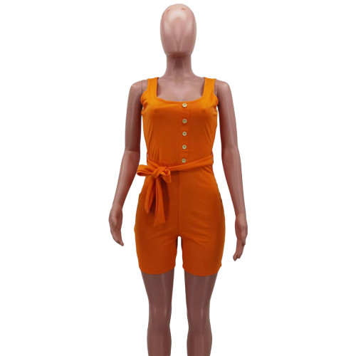 Solid Color Button Trim Sleeveless Belt Rompers