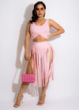 Solid Knot Top & Tassel Skirt 2PCS Set