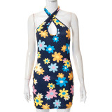 Floral Print Halter Neck Sleeveless Bodycon Mini Dress