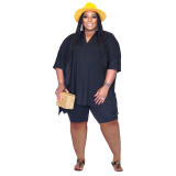 Plus Size Loose Slit Long Top and Shorts 2PCS Set