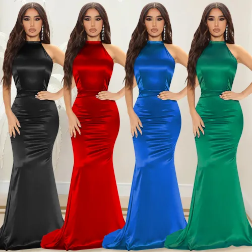 Silk Round Neck Sleeveless Backless Maxi Dress