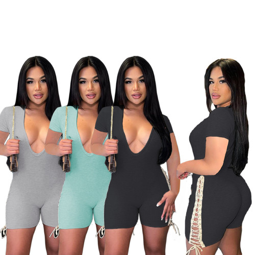 U-Neck Lace Up Bodycon Rompers