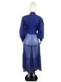 Mesh Patchwork Long Sleeve Maxi Blouse Dress(without belt)