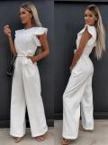 Solid Color Fly Sleeves O-Neck Wide Leg Jumpsuit with Belt