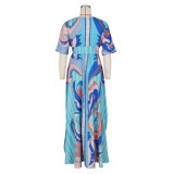 Print V-Neck Butterfly Sleeve Slit Long Dress