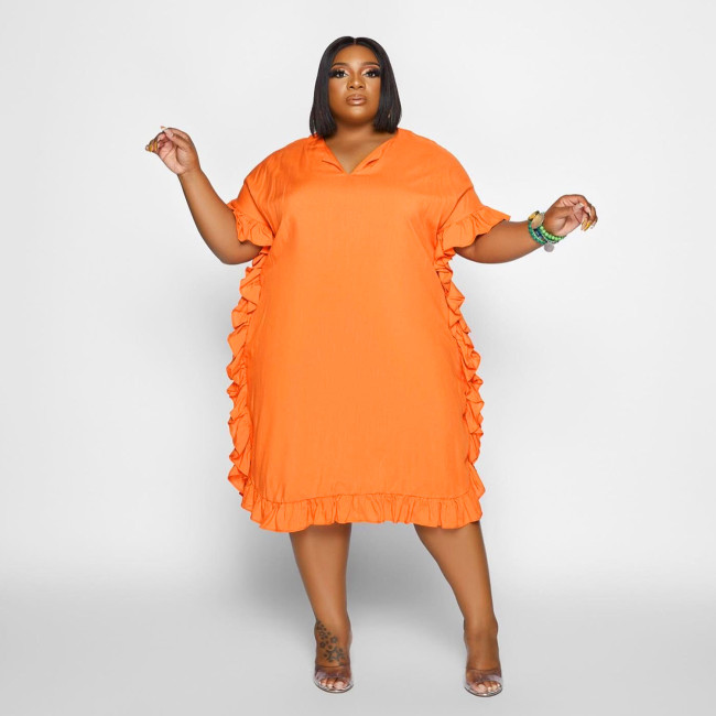 Plus Size Short Sleeves Ruffled Loose Midi Dress