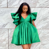 Green Ruffle Short Sleeve High Waist Short Skater Dresse