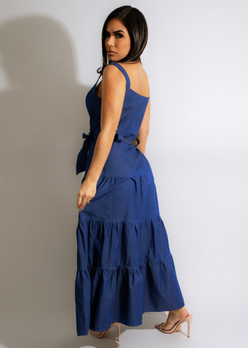 Blue Denim Long Tank Dress with Belt