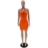Plain Color Halter Backless Button Stand Collar Bodycon Dresses