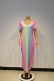 Rainbow Color Print V-Neck Short Sleeves Long Loose Dress