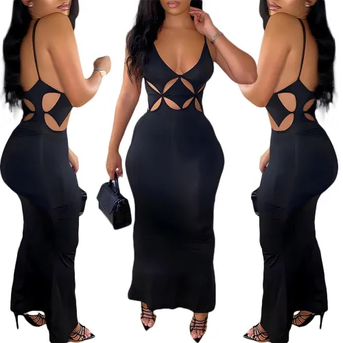 Black Hollow Out Cami Slim Fit Long Dress