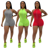 Solid Zipper Up Sleeveless Tight Jumpsuit