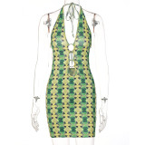Print Green Halter Backless O-Rings Bodycon Dress