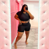 Plus Size Short Sleeves O-Neck Crop Top and Lace Up Shorts 2PCS Set
