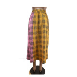 Plaid Elastic Waist Slit Long Skirt(without belt)