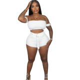Off Shoulder Rib Strapless Crop Top and Shorts 2PCS Set with Belt
