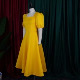 Solid Puff Sleeve Square Neck Party Skater Dress