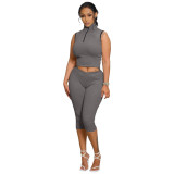 Zipper Up Sleeveless Top and and Tight Pants 2PCS Set