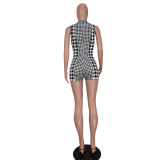 Sleeveless Houndstooth Print Tight Rompers
