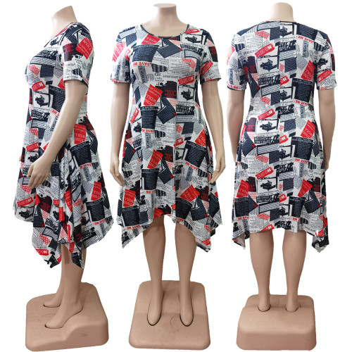Plus Size Print Irregular Short Sleeves O-Neck Pocket Dress