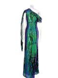 Sequin Slant Shoulder High Slit Long Evening Dress
