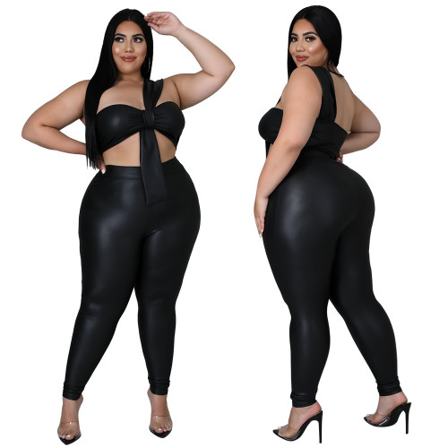 Plus Size Pu Leather Crop Top and Tight Pants 2PCS Set